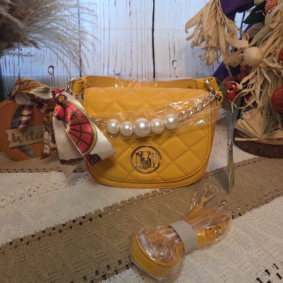 Badgley Mischka Yellow Quilted Crossbod Bag with Pearl Detail - Picture 1 of 6